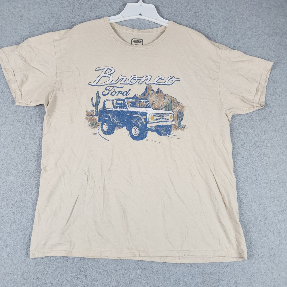 Ford Hybrid T-Shirt Men Large Beige Bronco Graphic Short Sleeve Cotton Crew Neck